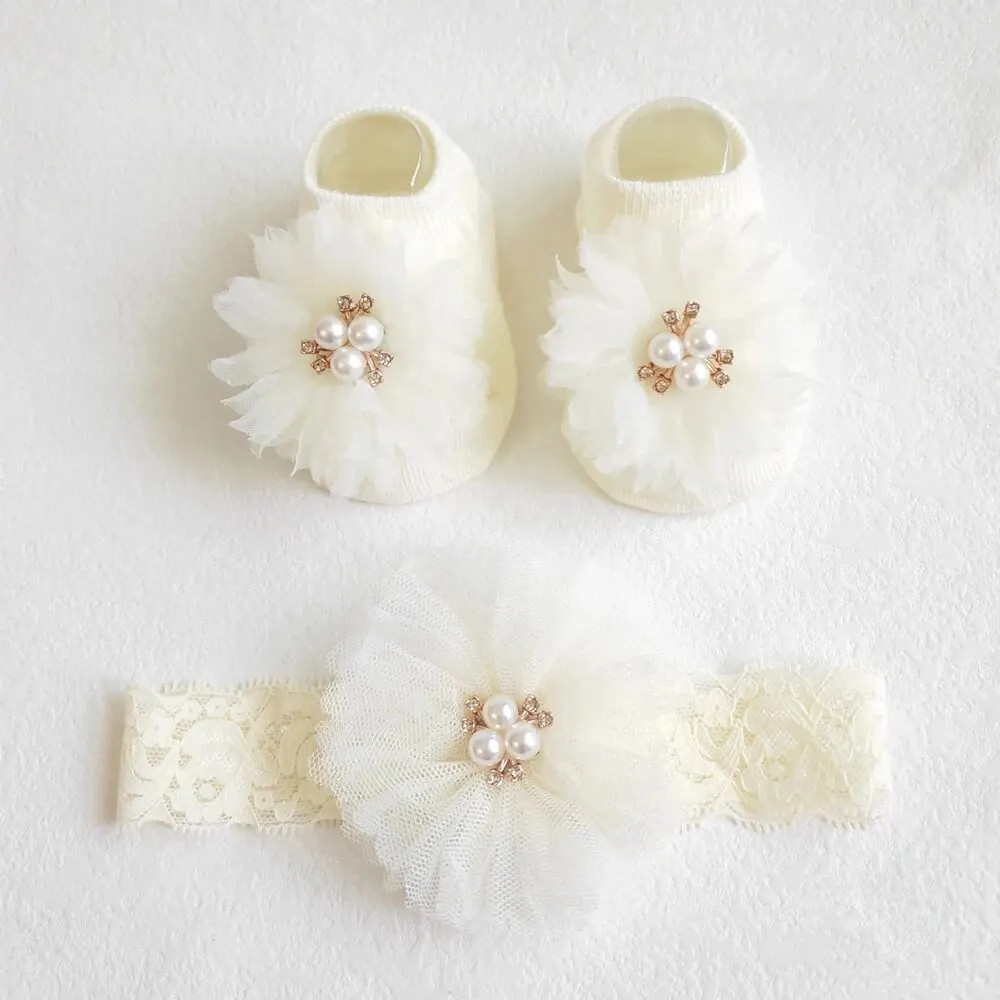Bandana Cotton - Lovely Pearl Bows เด็กแถบคาดศีรษะถุงเท้าชุดถุงเท้าผ้าฝ้ายลื่นลูกไม้ดอกไม้ทารกแรกเกิดผม Band Turban