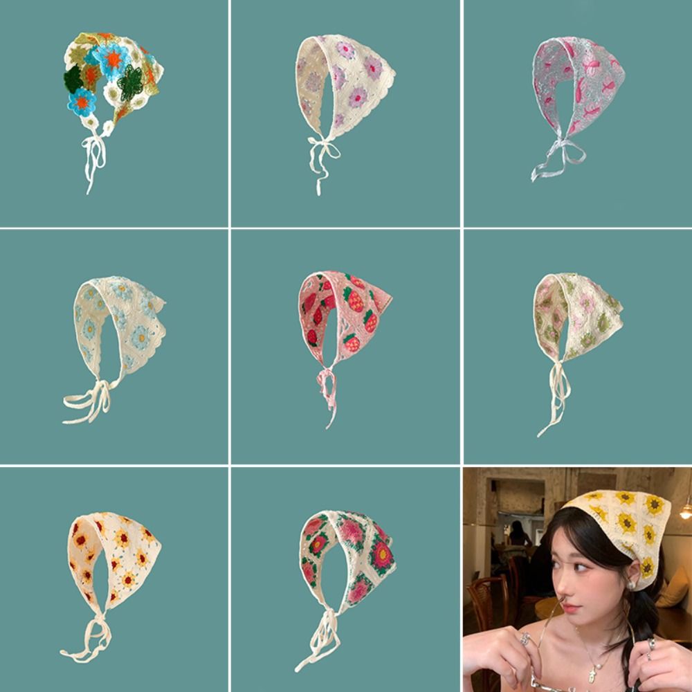 Bandana Cotton - ที่คาดผมถักนิตติ้งรูปสามเหลี่ยมสไตล์ฝรั่งเศสแบบชนบท ทำมือ ผ้าโพกศีรษะลายดอกไม้สำหรับเด็กผู้หญิง ถักโครเชต์แบบโปร่ง สำหรับวันหยุดพักผ่อนที่ชายหาด